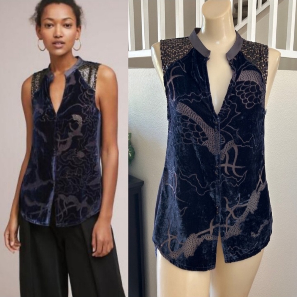 Anthropologie Ileana Navy Blue Burnout Velvet & Sequin Sleeveless Top Size Small